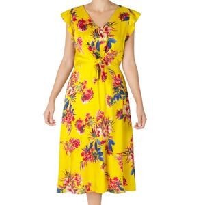Julia Jordan Yellow Floral Dress size 10 Flutter Sleeve French Twill Midi